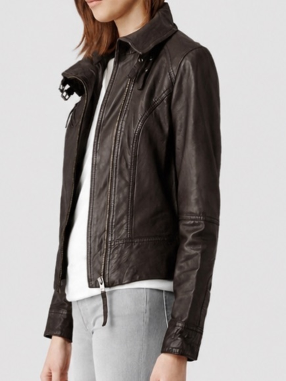 All Saints Belvedere Leather Jacket in Rich Chocolate Brown